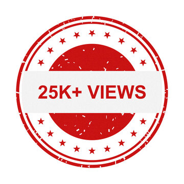 Red badge with 25k views achievement stamp isolated on transparent background