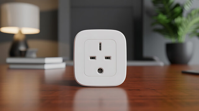 Modern white smart power adapter plug sitting on a wooden desk in a cozy home office setting with a blurred background showing a lamp and a green plant for decor