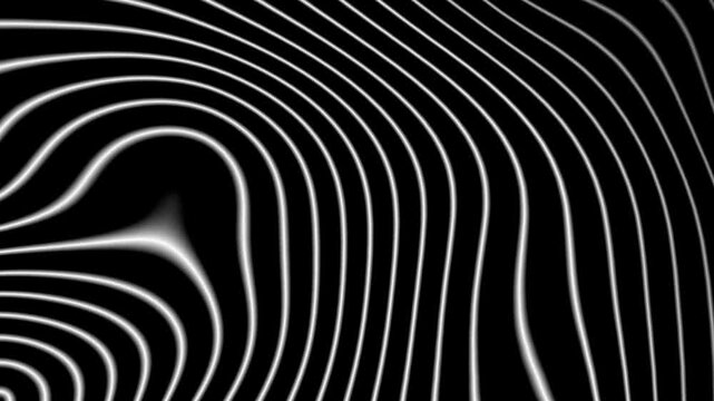 Abstract monochromatic wavy white contour lines form a geometric pattern on a dark background. Suitable for modern art concepts.