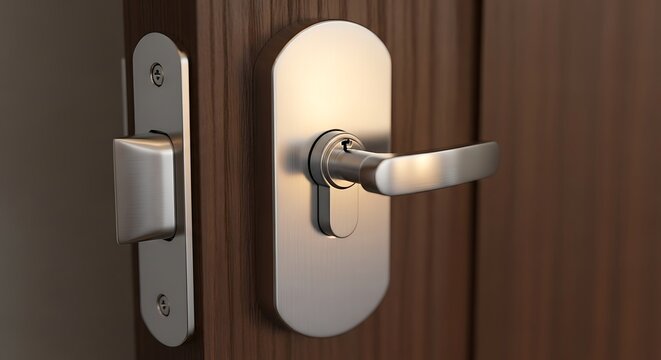 Modern brushed metal door handle installed on a wooden door.