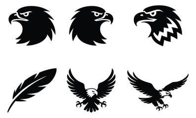 Fototapeta premium Eagle Silhouette Icon Set Featuring Flying Eagle, Feather and Hawk Head Logos for Wildlife, Bird, Sports Mascot, Branding and Nature Design