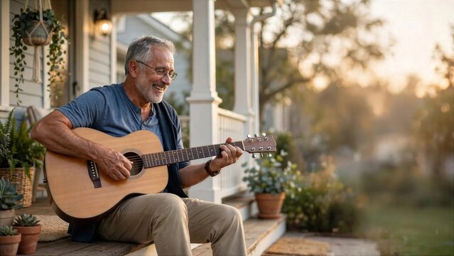 Senior man playing acoustic guitar on porch in warm evening light