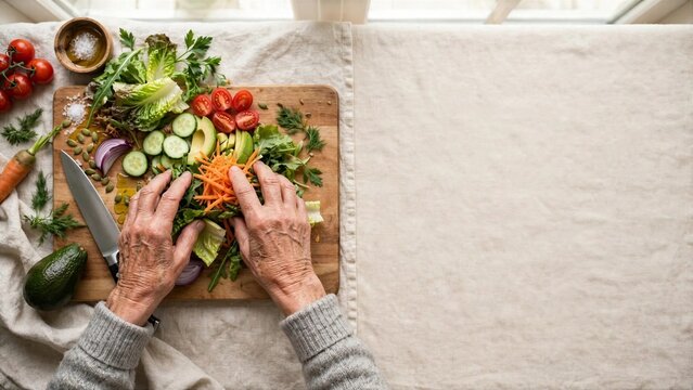 Senior hands preparing colorful fresh salad on kitchen counter