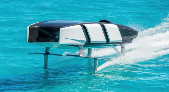 Futuristic hydrofoil boat, high-speed watercraft, sleek black and white design, aquatic vehicle