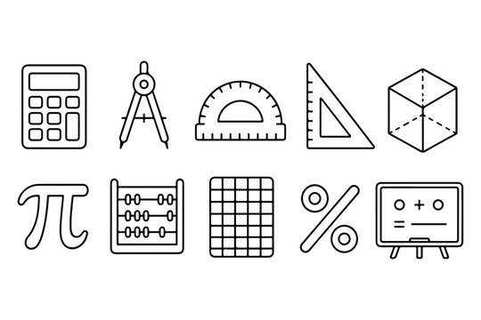 Math and Geometry Monoline Icon Set with Mathematical Symbols Shapes Equations and Educational Elements Vector Collection