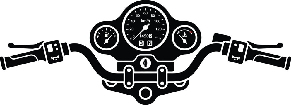 Motorcycle Speedometer and Handlebar Illustration &ndash; Dashboard Gauge Showing MPH and Gear Indicators