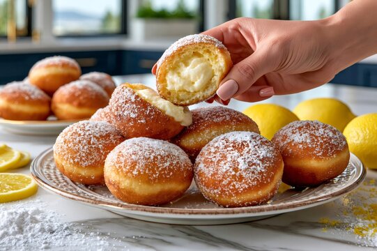 Hand holding bombolone showing creamy lemon filling