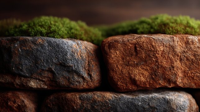 Close-up of stacked rugged rocks with green moss in natural outdoor setting