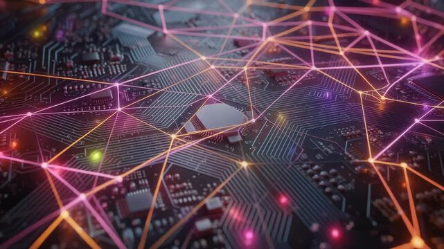 Dynamic video showcasing a vibrant circuit board network with glowing connections and futuristic technology visuals
