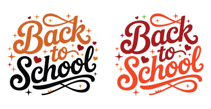 Colorful Back to School hand lettering typography set with decorative swashes and stars isolated on white background, educational seasonal design for classroom decorations, student banners, posters, a