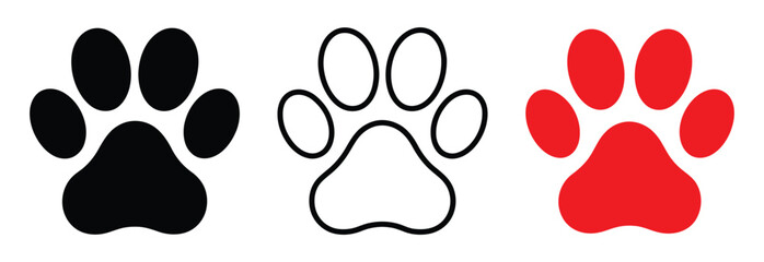 Set of paw print icons in black, outline, and red styles isolated on white background, animal footprint symbols for pet care, veterinary clinics, grooming services, branding, web, mobile apps, and gra © TARIF