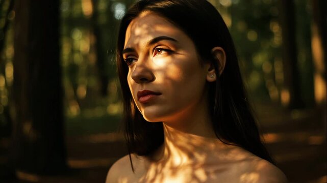 Peaceful portrait of a calm young woman relaxing in nature with closed eyes as warm golden hour sunlight creates beautiful soft leaf shadows on her delicate face inside a magical dark woodland