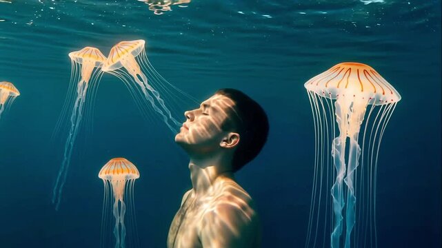 Swimming underwater with glowing sea creatures while a relaxed young guy with closed eyes floats in deep blue ocean water as sun rays create golden light ripples on his face and bare shoulders