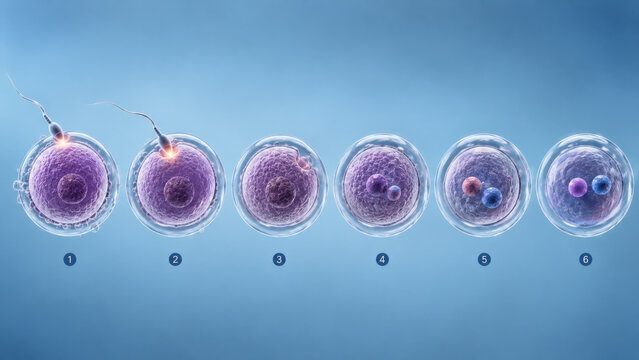 Fertilization stages showing sperm contact to zygote formation with transparent spherical cell structures and visible internal division process