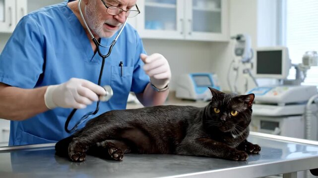 A male veterinarian examine a black cat lying on a metal examination table in a veterinary clinic. Suitable for feline veterinary care, pet health checkups, and animal medical content.