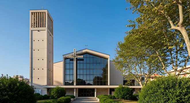 Modern church building with tall bell tower and glass facade under blue sky.
