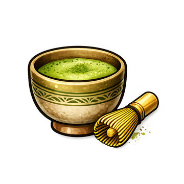 Traditional japanese matcha green tea in a ceramic bowl with bamboo whisk chasen flat vector illustration