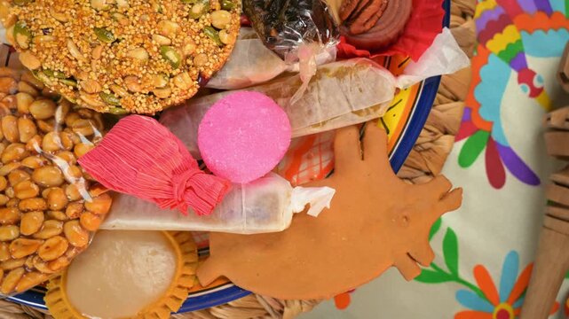 Close-up of typical Mexican sweets including palanqueta and marranito gingerbread