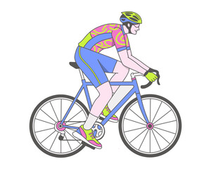 Obraz premium Dynamic illustration of a vibrant cyclist in athletic gear, actively riding a modern road bicycle, symbolizing fitness, outdoor sport, and healthy lifestyle