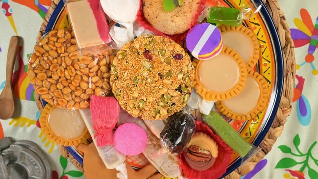 Overhead view of sweet Mexican candies. Variety of artisanal candies and textures