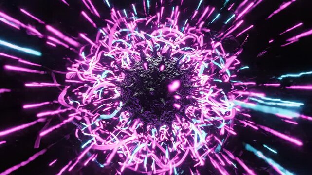 Neon light trail abstract energy glowing particle sci fi swirl cyberpunk vortex motion digital art purple blue radial pattern futuristic virus