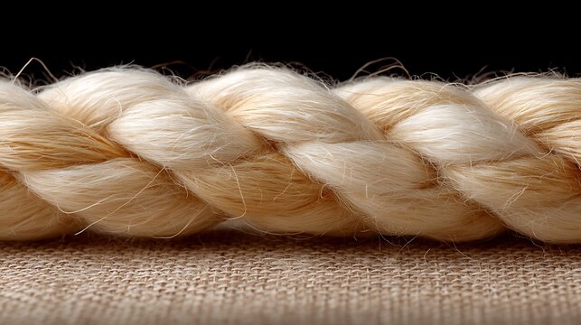 Close-up of a thick, cream-colored rope with a twisted texture resting on a coarse fabric surface against black background