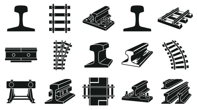 Black and White Icons of Railway Track Components and Train Rails
