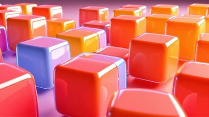 Obraz premium Glossy cubes, vibrant colors, orange, red, blue. Minimalist design, smooth surfaces, reflections, dark background. Abstract composition.