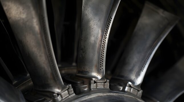 Detailed View of Jet Turbine Blades with Precision Cooling Holes