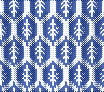 Seamless Nordic Knitting Pattern with Blue and White Geometric Christmas Trees