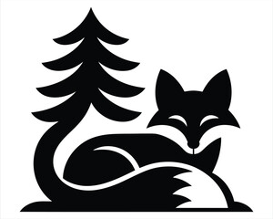 Minimalist black and white fox silhouette resting beside a coniferous pine tree vector graphic © Biplob
