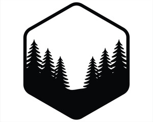 Minimalist hexagon emblem featuring a pine tree forest silhouette isolated design © Biplob