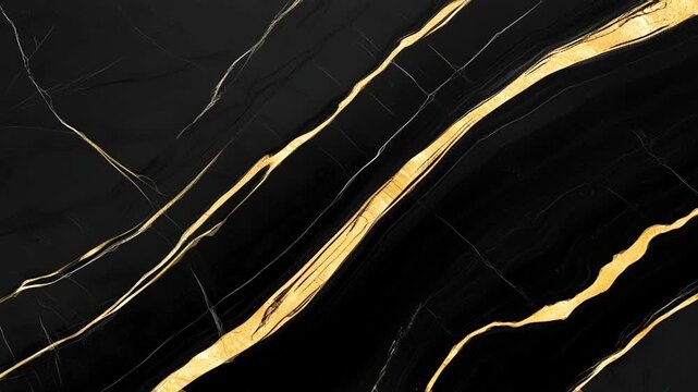A luxurious black marble texture featuring elegant gold and white veins flowing diagonally. A contemporary abstract design that conveys a premium, modern, and exclusive feel.