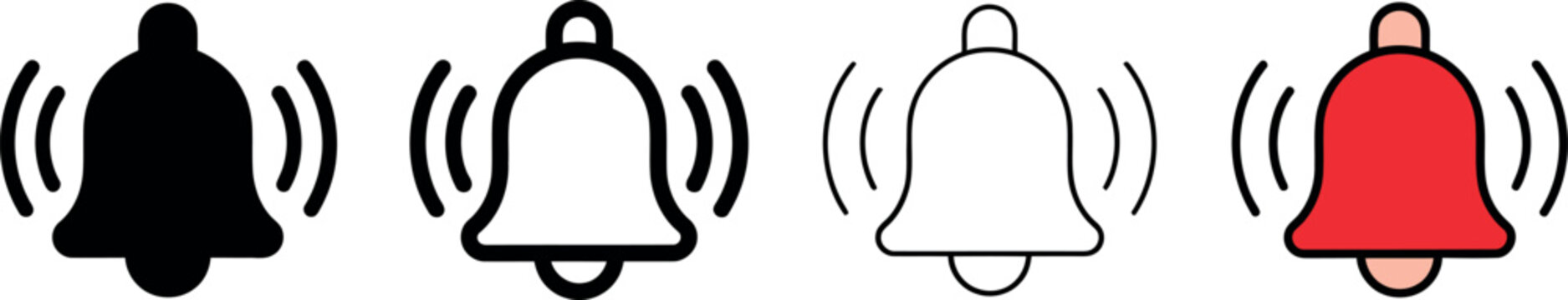 Alarm bell icons collection featuring ringing signals in black white and red for application design.
