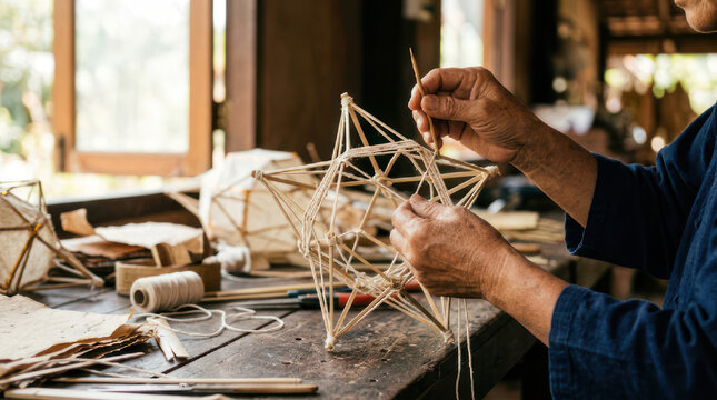 Artisan hands crafting intricate geometric sculpture with string and sticks.