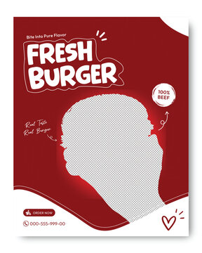 Fresh Burger Restaurant Social Media Banner Template with Modern Red Food Promotion Layout, Fast Food Advertising Flyer, Delicious Beef Meal Marketing Design for Cafe and Delivery Business