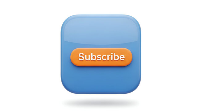 Blue rounded square button with orange ""Subscribe"" button overlay isolated on white