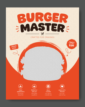 Burger Restaurant Promotional Flyer Template with Modern Fast Food Menu Poster Design for Cafe, Grill, Takeaway and Delivery Marketing, Creative Orange Advertising Layout