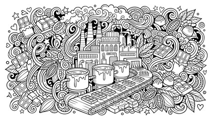 Obraz premium Chocolate Factory Doodle Art: Production Line, Cocoa Beans, and Sweet Treats