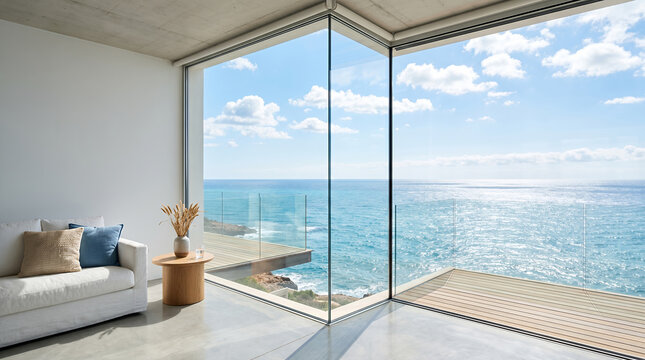 Minimalist concrete living room opening to ocean view terrace