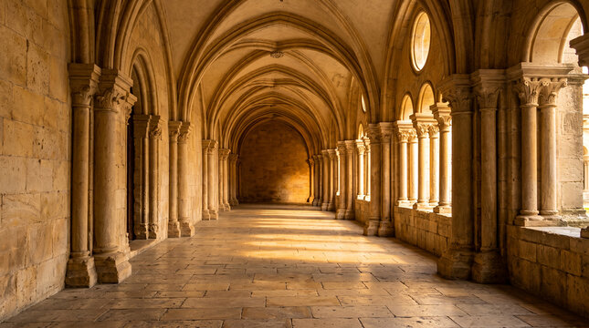 Sunlit medieval stone cloister with vaulted gothic arches