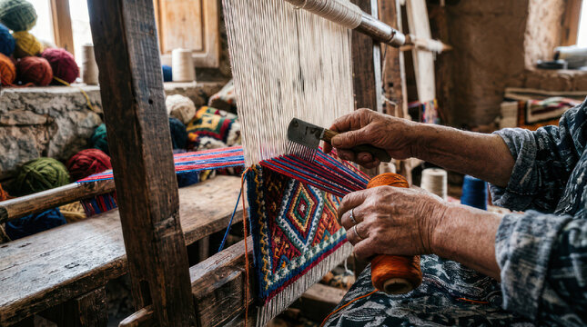 Artisan hands weaving intricate patterns on a traditional loom.