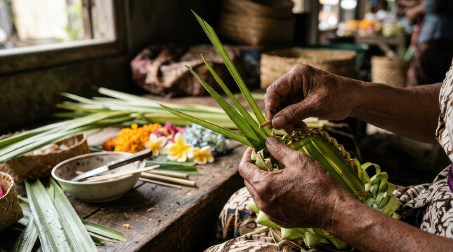 Artisan hands weaving natural palm leaves into a decorative craft.
