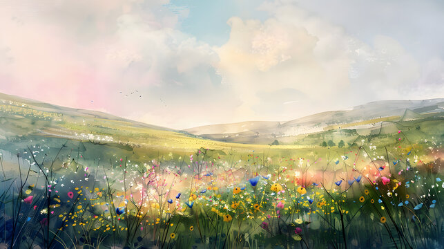 Artistic watercolor illustration of rolling hills and blooming wildflower field under pastel clouds