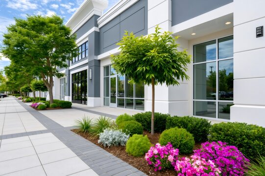 Modern commercial real estate building with storefronts and landscaping