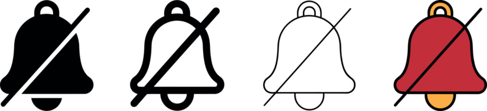 Notification mute bell icons set with different graphic styles for digital interface and app design.