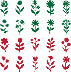 Fototapeta premium Green and Red Folk Art Flower Silhouettes with Stems and Leaves Against White Background