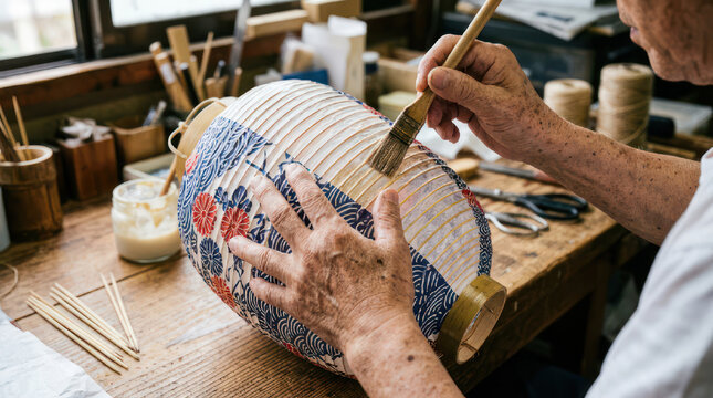 Artisan painting traditional Japanese lantern with floral design.