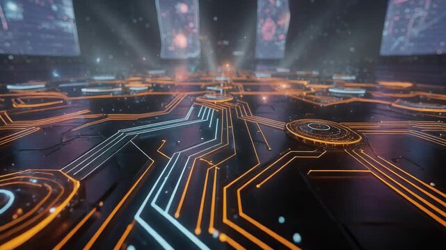 Firefly glowing in a futuristic circuit world with vibrant blue and orange lights digital animation