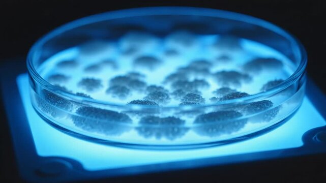 Petri dish containing white bacterial cultures and fungal colonies on agar base, illuminated by blue light in a dark lab; condensation droplets visible on the glass lid surface.